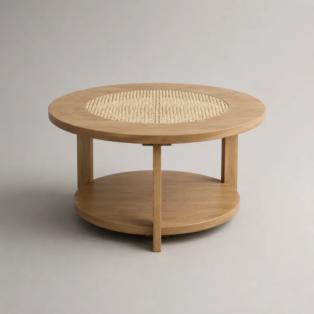 Tavolino da caffè rotondo in MDF effetto legno naturale con inserto intrecciato e ripiano inferiore 90 x 90 x 45 cm