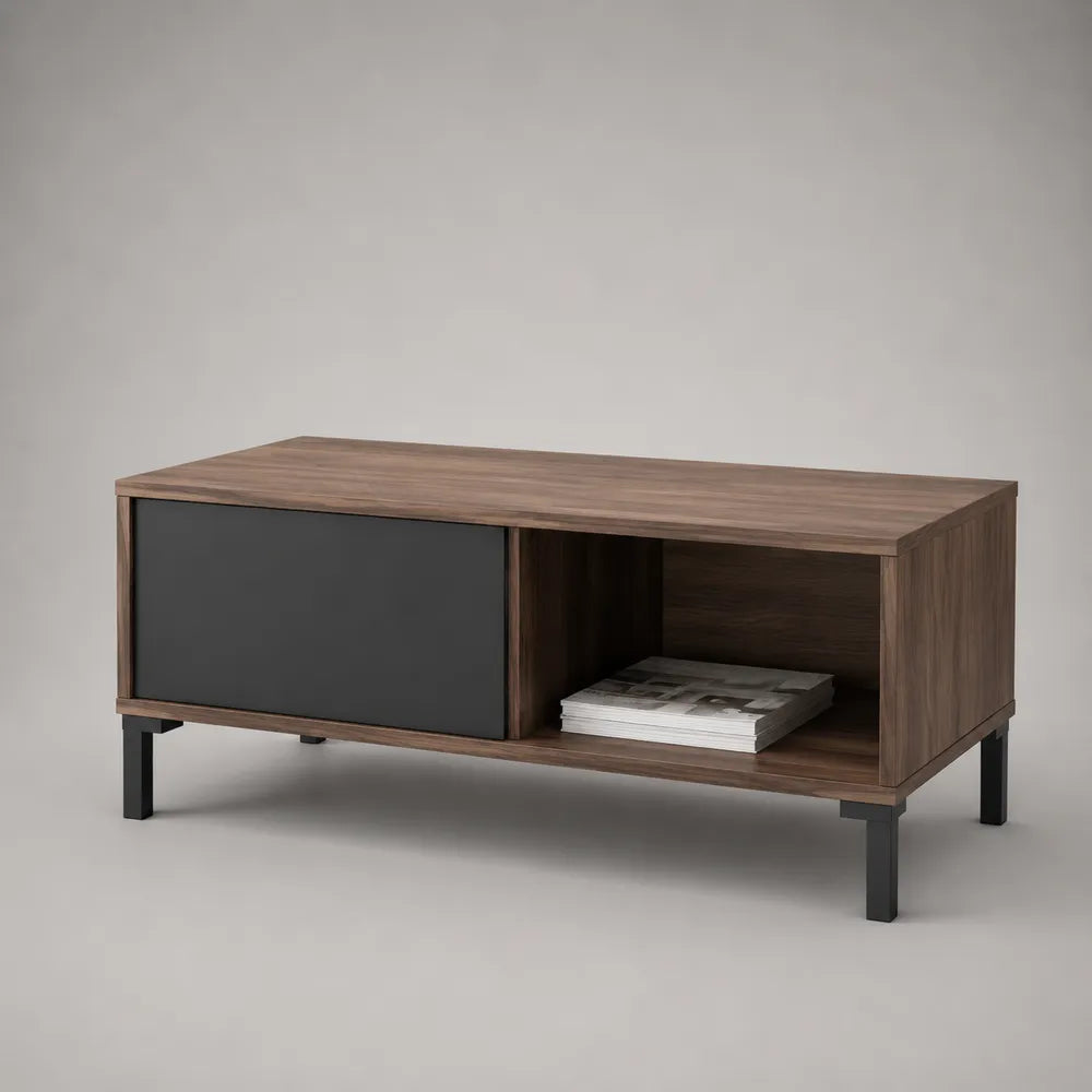 Tavolino da caffè in MDF effetto noce con anta nera e vano aperto gambe in acciaio 120x60x45 cm