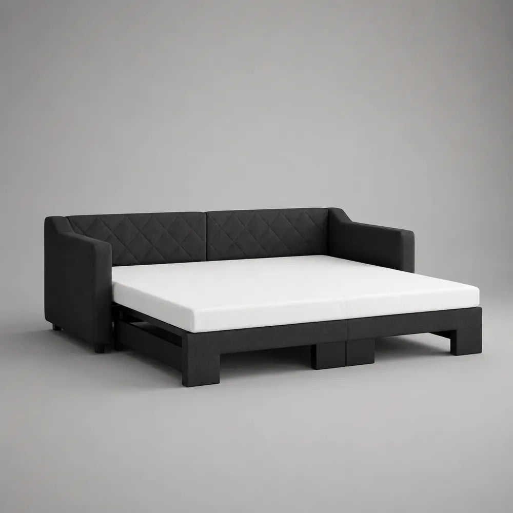 Divano letto matrimoniale imbottito in tessuto poliestere nero con braccioli e testiera trapuntata 160 x 200 cm