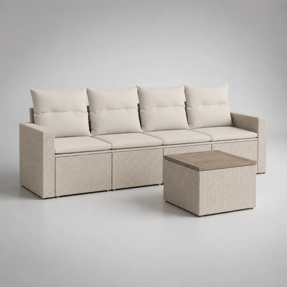 Divano da giardino modulare 4 posti in rattan sintetico beige con tavolino contenitore 240 x 80 cm