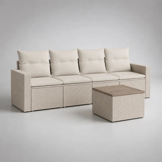 Divano da giardino modulare 4 posti in rattan sintetico beige con tavolino contenitore 240 x 80 cm