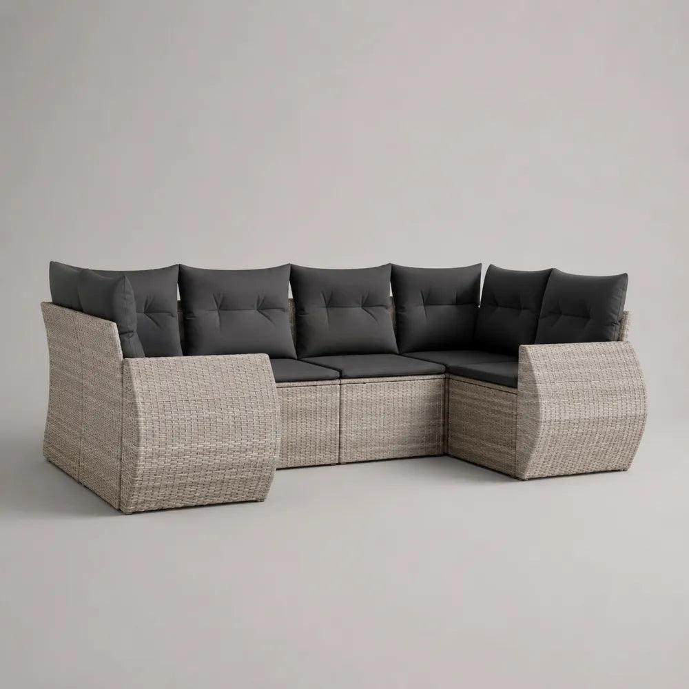 Divano angolare da giardino 7 posti in rattan sintetico beige con cuscini grigi 280x80x75 cm