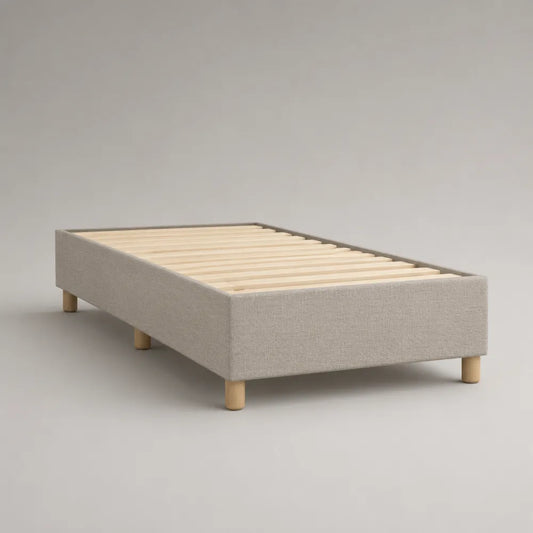 Struttura letto matrimoniale imbottita in tessuto beige con rete a doghe in legno 160x200 cm