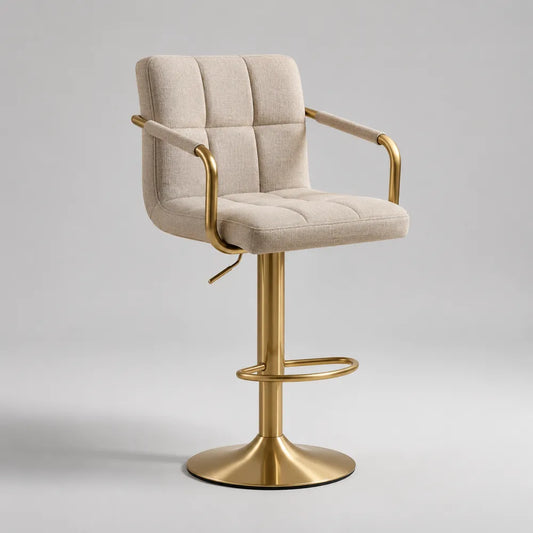 Sgabello da bar girevole imbottito in tessuto beige con schienale e base in acciaio dorato 55 x 55 x 100 cm