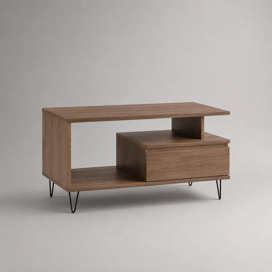 Tavolino da caffè rettangolare in MDF effetto noce con cassetto vano aperto e gambe in acciaio nero 120 x 60 x 45 cm