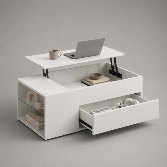 Tavolino da caffè rettangolare in MDF bianco con piano sollevabile cassetto e vani contenitore 120 x 60 x 42 cm