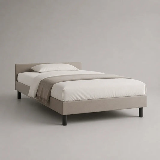 Letto matrimoniale imbottito in tessuto poliestere beige con testiera bassa 160x200 cm