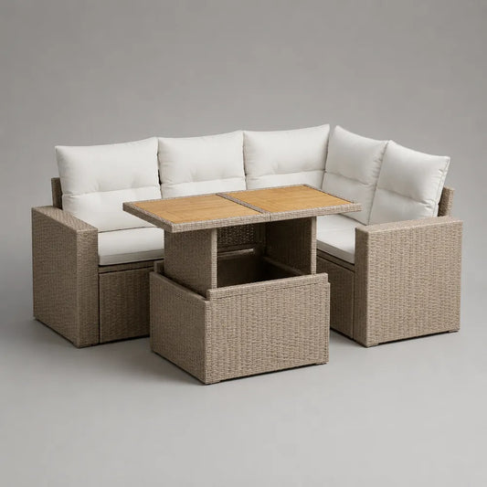 Divano da giardino angolare modulare in rattan sintetico beige con tavolino e cuscini bianchi 250 cm