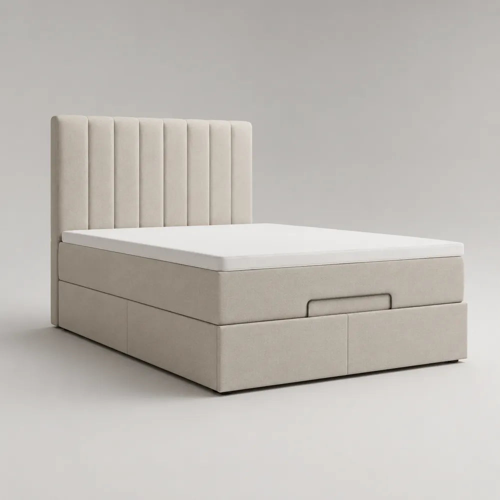 Letto matrimoniale contenitore imbottito in tessuto poliestere beige con testiera verticale 160x200 cm