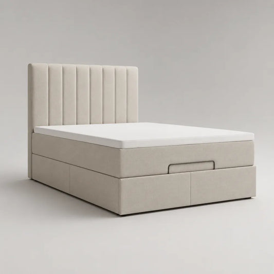 Letto matrimoniale contenitore imbottito in tessuto poliestere beige con testiera verticale 160x200 cm