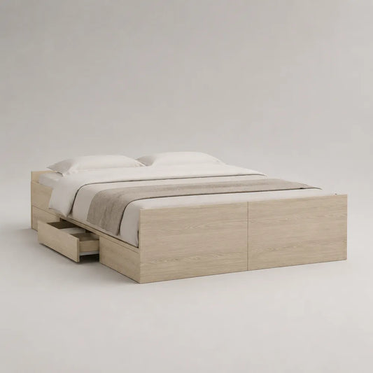 Letto matrimoniale contenitore in MDF effetto rovere beige con quattro cassetti struttura rettangolare 160 x 200 cm