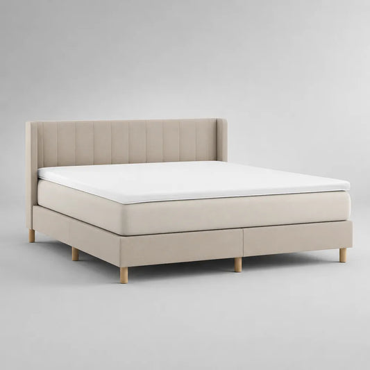 Letto matrimoniale imbottito in tessuto beige con testiera verticale e piedi in legno 160x200 cm