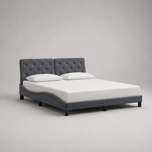 Letto matrimoniale imbottito in tessuto grigio con testiera trapuntata e struttura rettangolare 160 x 200 cm