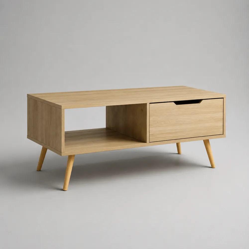 Tavolino da caffè in MDF effetto legno beige con cassetto e vano aperto gambe in legno 120x60x45 cm