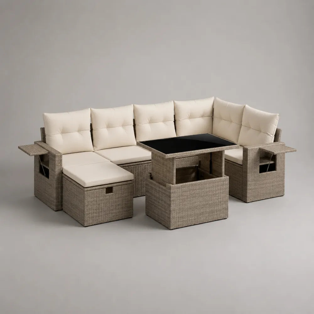 Set divano da giardino angolare modulare in rattan sintetico beige con tavolino e cuscini bianchi 300 cm