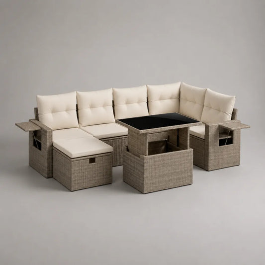 Set divano da giardino angolare modulare in rattan sintetico beige con tavolino e cuscini bianchi 300 cm