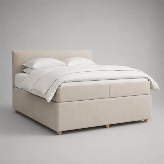 Letto matrimoniale imbottito in tessuto beige con testiera bassa rettangolare e piedi in legno 160x200 cm