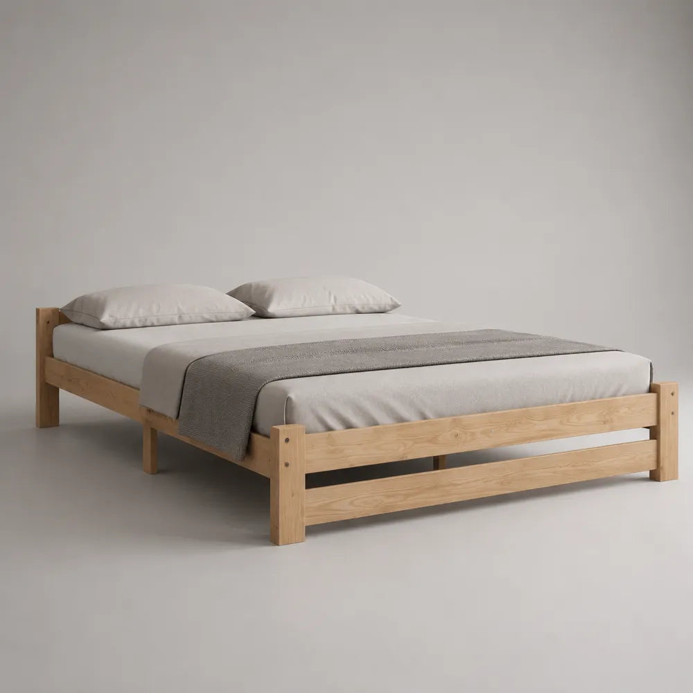 Letto matrimoniale in legno massello effetto rovere chiaro con testiera e pediera rettangolare 160 x 200 cm