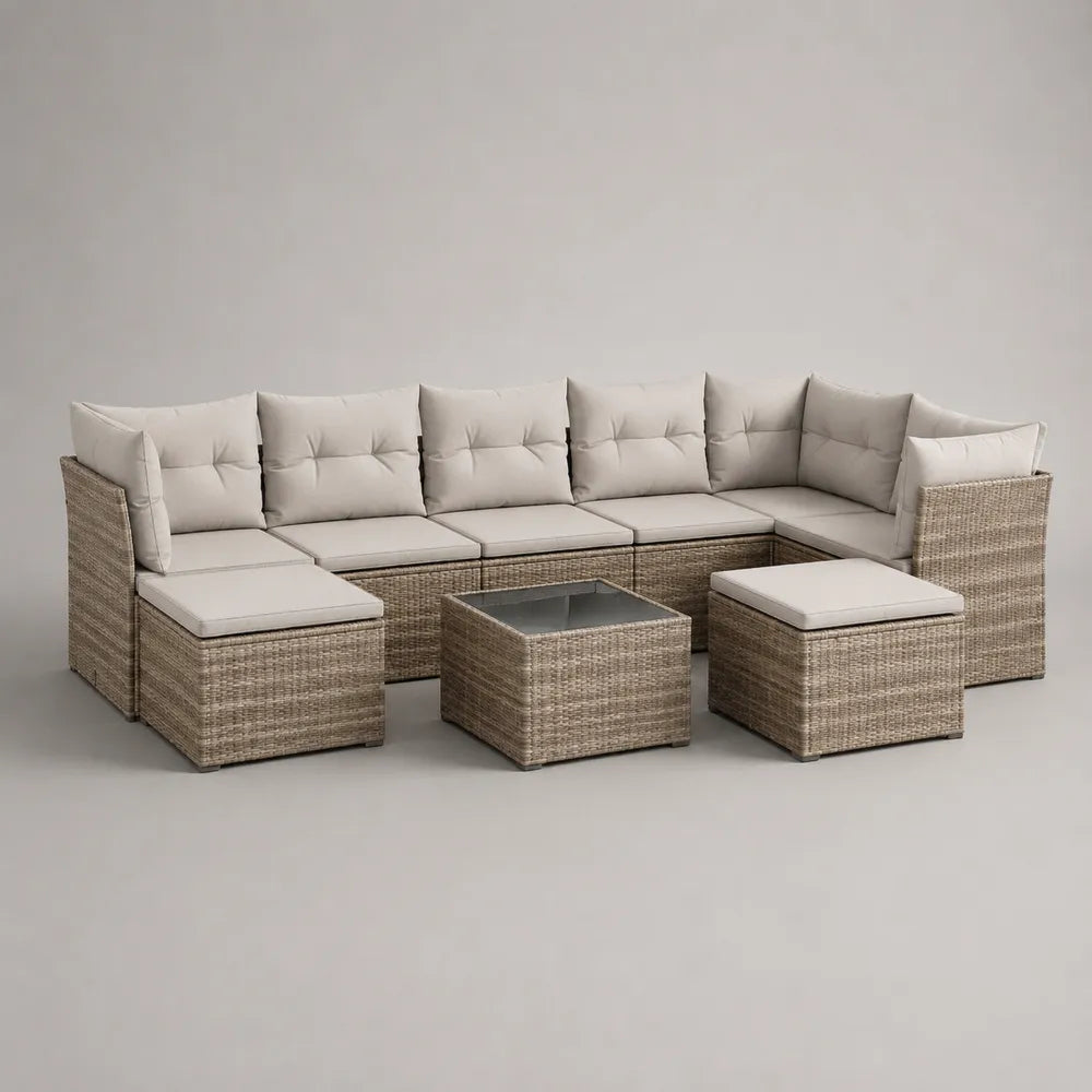 Set divano da giardino angolare modulare 9 posti con tavolino in rattan sintetico PE beige 320 x 240 x 65 cm