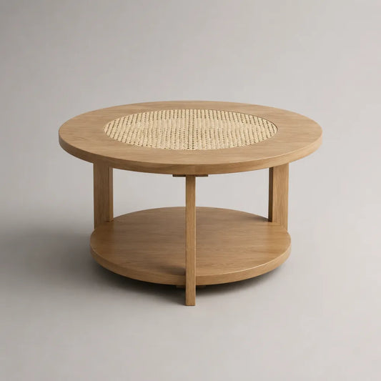 Tavolino da caffè rotondo in MDF effetto legno naturale con inserto intrecciato e ripiano inferiore 90 x 90 x 45 cm