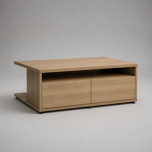 Tavolino da caffè rettangolare in MDF effetto rovere chiaro con ante contenitore e vano aperto 120 cm