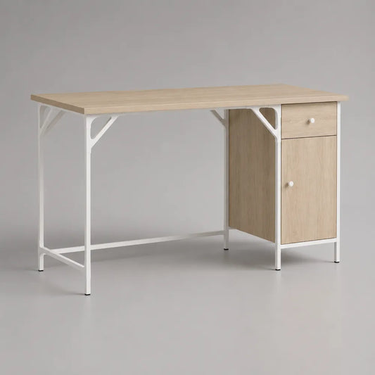 Scrivania da ufficio con cassettiera laterale in MDF effetto legno chiaro e acciaio bianco 140x60x75 cm