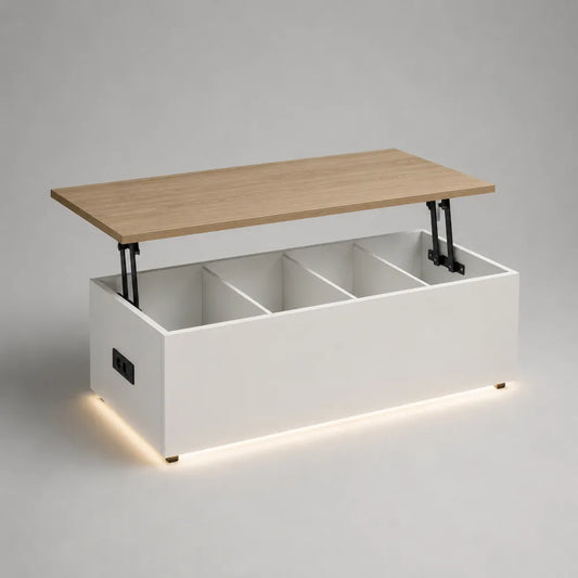 Tavolino da caffè rettangolare in MDF bianco con piano sollevabile effetto legno contenitore interno e illuminazione LED 120 x 60 x 42 cm