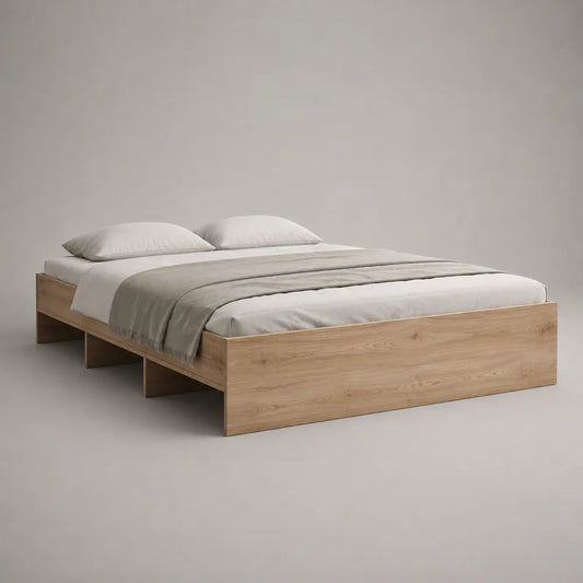 Letto matrimoniale in MDF effetto rovere chiaro con testiera bassa e pediera chiusa 160 x 200 cm