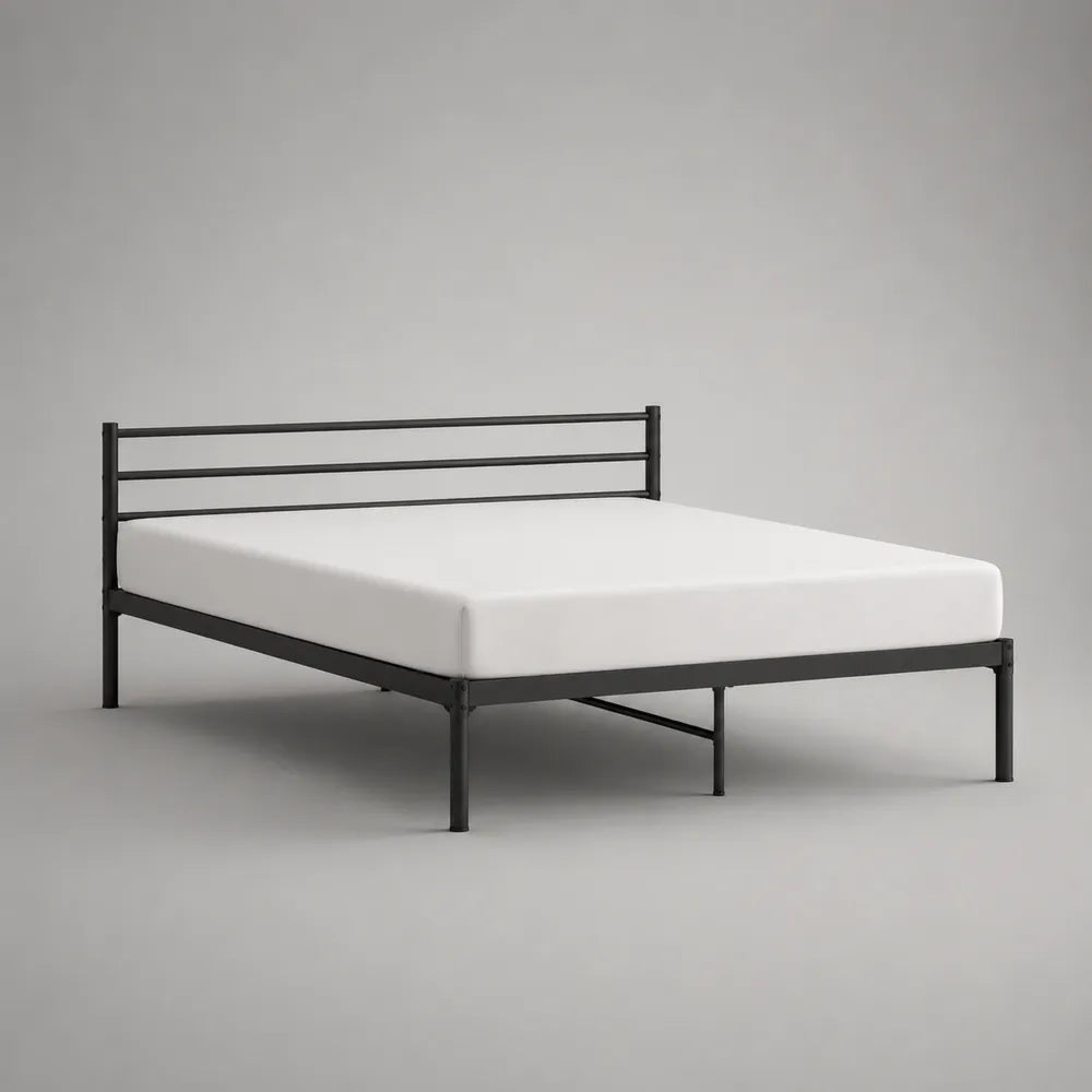 Letto matrimoniale in acciaio verniciato nero con testiera a barre orizzontali 160x200 cm