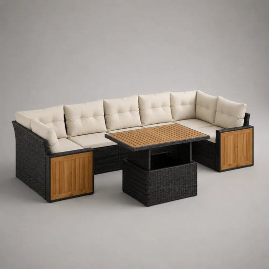 Divano da giardino angolare modulare in rattan sintetico nero con tavolino e cuscini beige 320 cm
