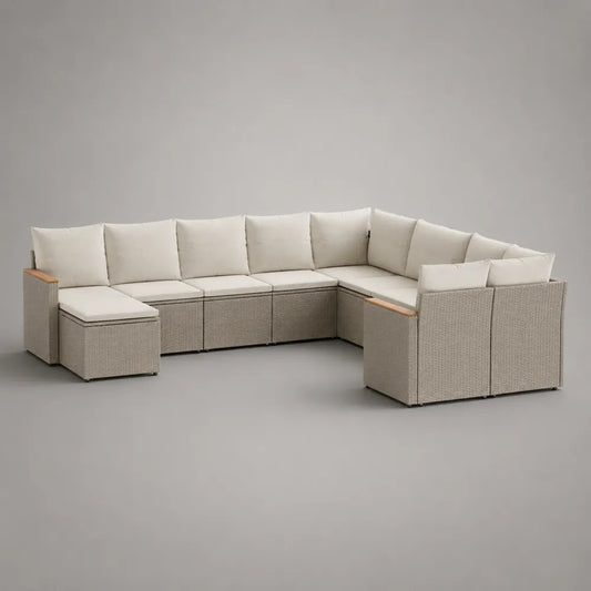 Set divano da giardino modulare in rattan sintetico beige con cuscini imbottiti composizione angolare 9 pezzi 350x280 cm
