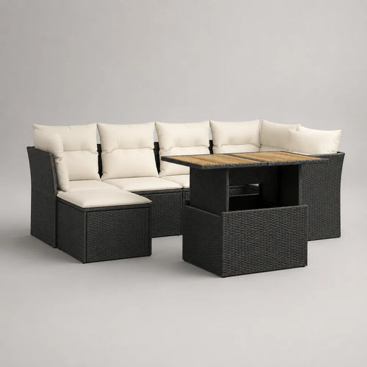 Set divano da giardino angolare modulare in rattan sintetico antracite con tavolino e cuscini beige 270 cm