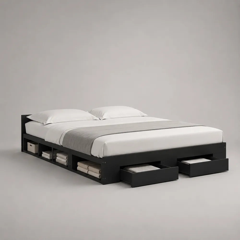 Letto matrimoniale contenitore in MDF nero con cassetti estraibili e vani laterali 160x200 cm