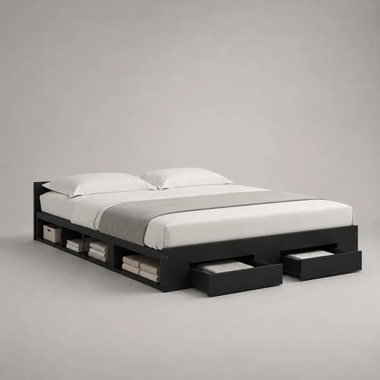 Letto matrimoniale contenitore in MDF nero con cassetti estraibili e vani laterali 160x200 cm