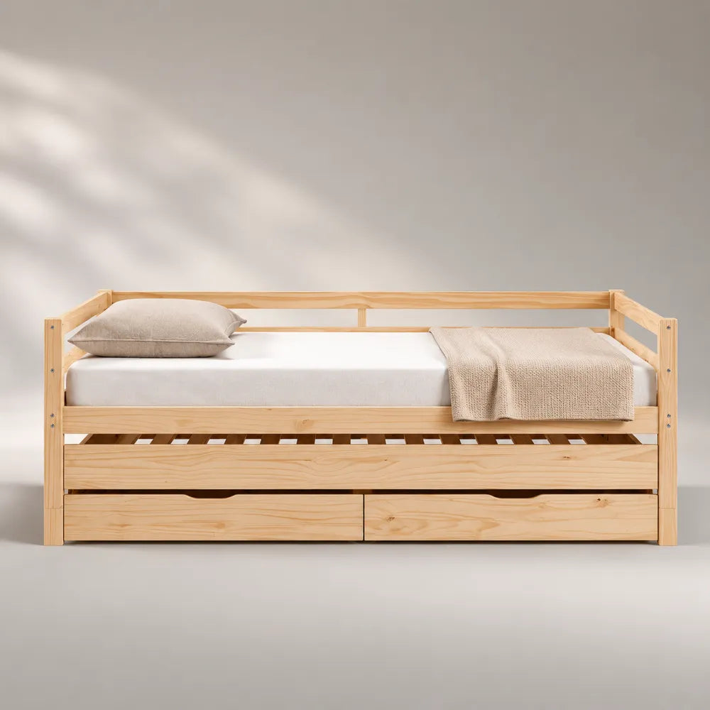 Divano letto singolo in legno massello con cassetti contenitore e sponde laterali 90x200 cm