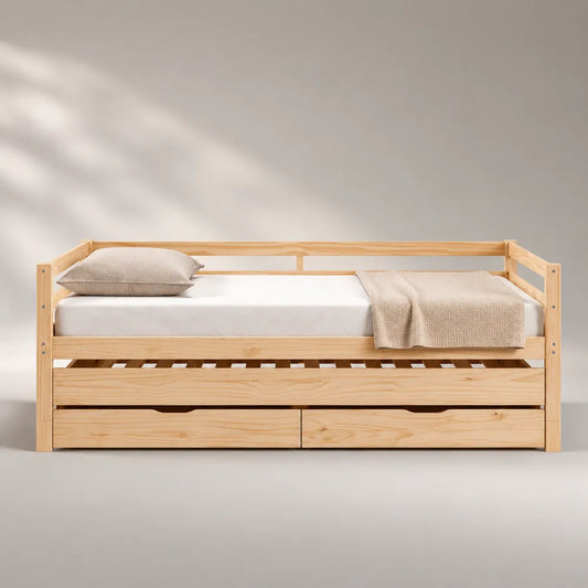 Divano letto singolo in legno massello con cassetti contenitore e sponde laterali 90x200 cm