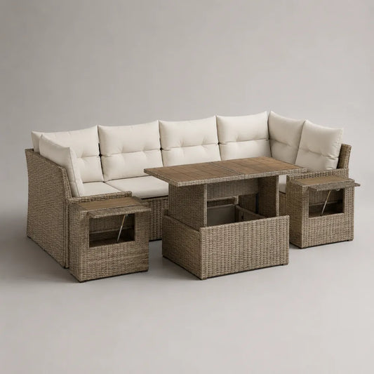 Divano da giardino angolare modulare con tavolino contenitore in rattan sintetico beige con cuscini 320 cm