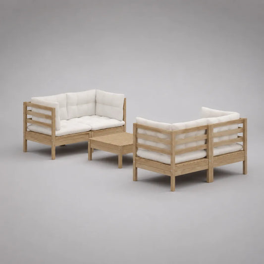 Set divano da giardino in legno massello con cuscini crema e tavolino coordinato 5 posti 220x150 cm