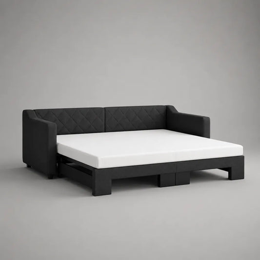 Divano letto matrimoniale imbottito in tessuto poliestere nero con braccioli e testiera trapuntata 160 x 200 cm