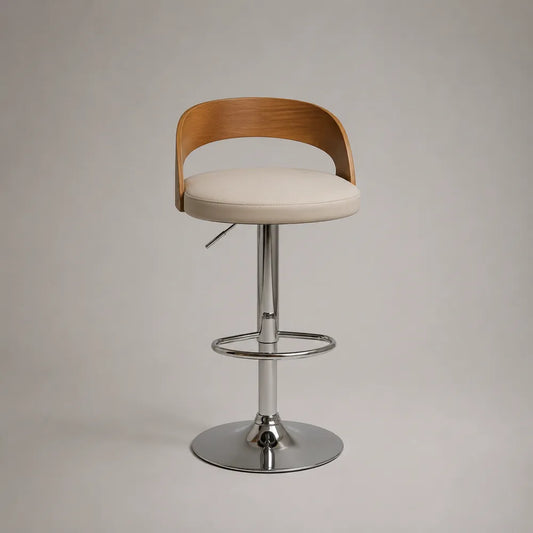 Sgabello da bar regolabile con seduta imbottita crema schienale in legno curvato e base in acciaio cromato 48 x 50 x 105 cm