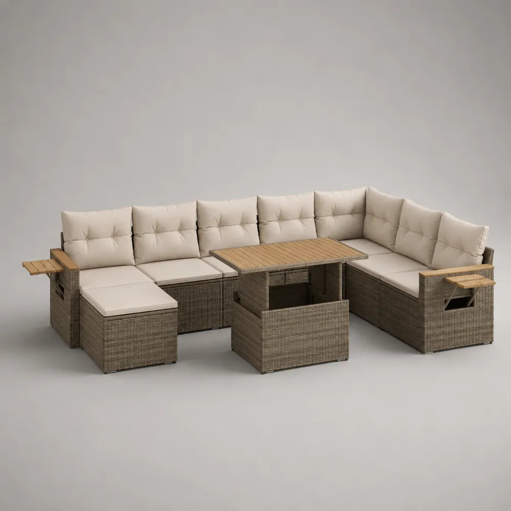 Set divano da giardino angolare modulare 10 posti con tavolo in rattan sintetico PE beige 380 x 300 x 75 cm