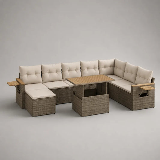 Set divano da giardino angolare modulare 10 posti con tavolo in rattan sintetico PE beige 380 x 300 x 75 cm