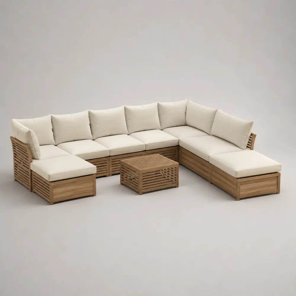 Set divano da giardino angolare modulare in legno massello marrone con tavolino e cuscini beige 360 cm