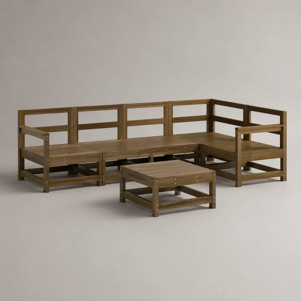 Divano da giardino angolare modulare in legno di acacia marrone con tavolino 300 x 220 cm
