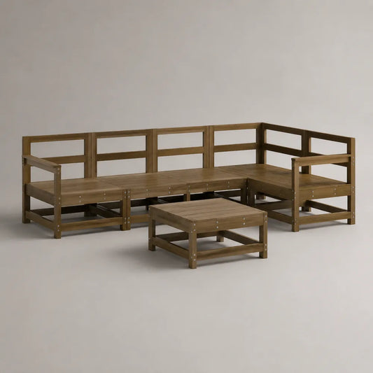 Divano da giardino angolare modulare in legno di acacia marrone con tavolino 300 x 220 cm