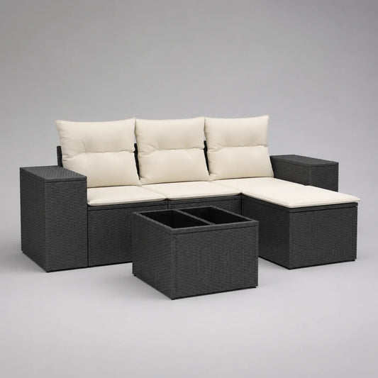 Set divano da giardino angolare modulare 5 pezzi con tavolino contenitore in rattan sintetico PE nero e cuscini crema 235 x 235 x 65 cm