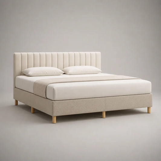 Letto matrimoniale imbottito in tessuto poliestere beige con testiera verticale rettangolare 160 x 200 cm