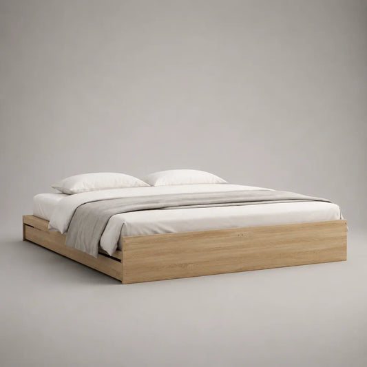 Letto matrimoniale contenitore in MDF effetto rovere chiaro con cassetto laterale struttura rettangolare 160 x 200 cm